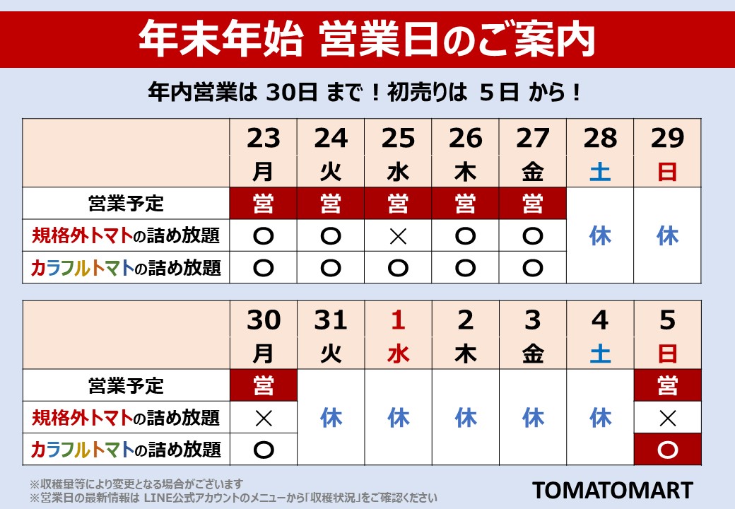 TOMATOMART年末年始営業日のご案内